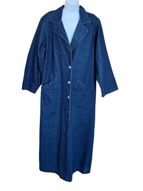 Vintage Wildflower Long Denim Coat dark wash Maxi length boho biker chic academi